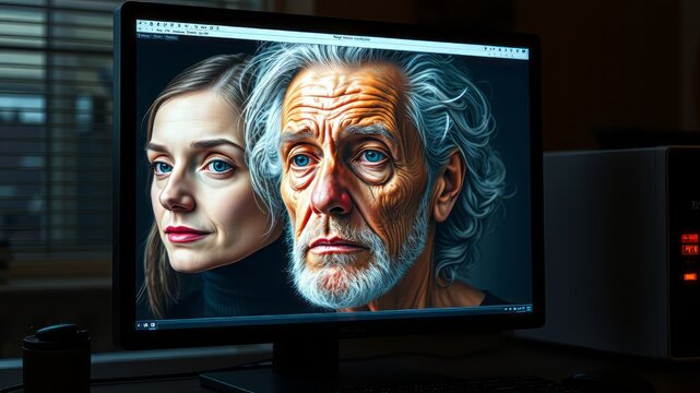 A futuristic computer screen displays a digital age progression simulation, showcasing a youthful image transforming