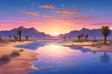 Fototapeta premium Desert Oasis at Twilight: A sprawling desert landscape with towering sand dunes, stretching as far as the eye can see