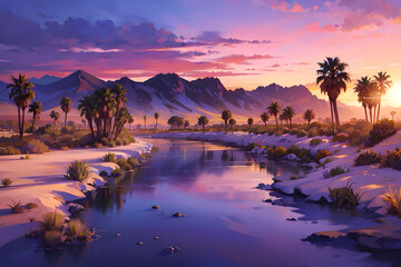 Fototapeta premium Desert Oasis at Twilight: A sprawling desert landscape with towering sand dunes, stretching as far as the eye can see