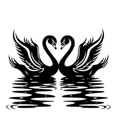 Obraz premium Romantic Black Swans Facing Each Other in Silhouette, Elegant silhouette of two black swans facing each other, wings spread, reflecting love and unity on calm waters. 