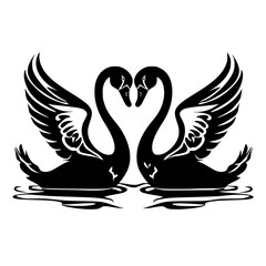 Fototapeta premium Romantic Black Swans Facing Each Other in Silhouette, Elegant silhouette of two black swans facing each other, wings spread, reflecting love and unity on calm waters. 