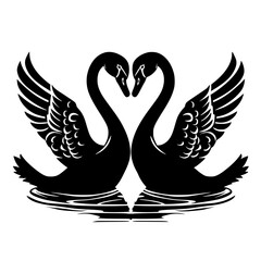 Obraz premium Romantic Black Swans Facing Each Other in Silhouette, Elegant silhouette of two black swans facing each other, wings spread, reflecting love and unity on calm waters. 