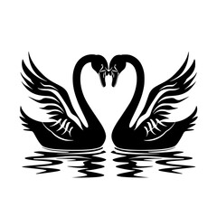 Obraz premium Romantic Black Swans Facing Each Other in Silhouette, Elegant silhouette of two black swans facing each other, wings spread, reflecting love and unity on calm waters. 