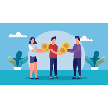 Three People Boy and Girl Giving Each Other Coin Money. Charity Day Ideas Background Poster Vector Flat Design