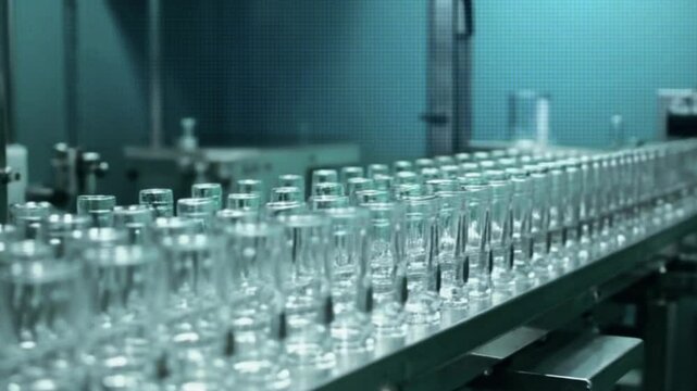 Rows of glass bottles move along a conveyor belt in a factory.