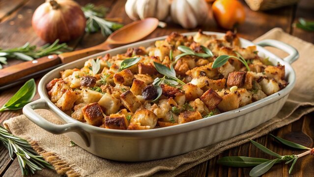 Golden-brown traditional Thanksgiving onion and sage stuffing baked in a classic ceramic dish, perfectly arranged for a warm and inviting holiday celebration.