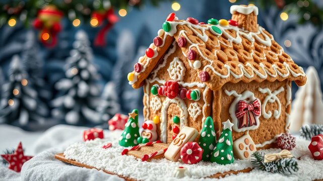 A intricately decorated, rustic-style gingerbread house constructed from graham crackers, adorned with icing, candies,