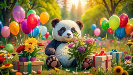 Fototapeta premium A cuddly panda surrounded by vibrant flowers, colorful gifts, and balloons, exuding joy and warmth in a serene and peaceful natural environment setting.
