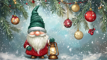 Christmas Card with Gnomes in winter scene with christmas tree, Lantern and bells, generated ai 