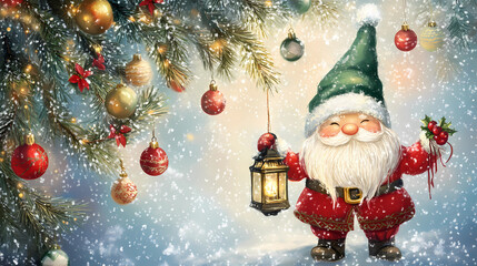 Christmas Card with Gnomes in winter scene with christmas tree, Lantern and bells, generated ai 