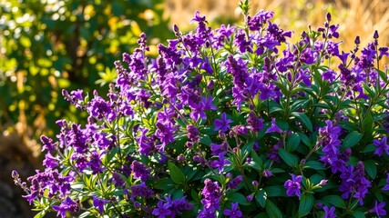 Obraz premium A lush green bush with vibrant purple flowers blooming amidst delicate stems, set against a warm natural background