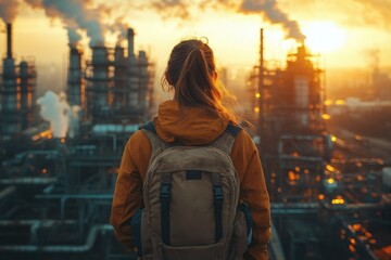 A young woman with a backpack sits at a computer within a well-stocked pharmacy, highlighting a moment of focused, on-screen research or purchase.