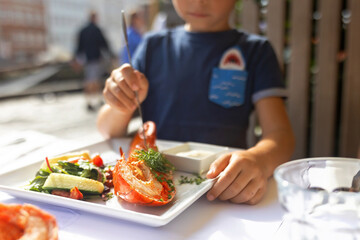 Family with children, having lunch in a restaurant in Coppenhagen, eating local fish and lobster thermidor with salad and fries
