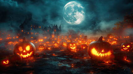 Spooky Halloween Pumpkin Patch Under Full Moon