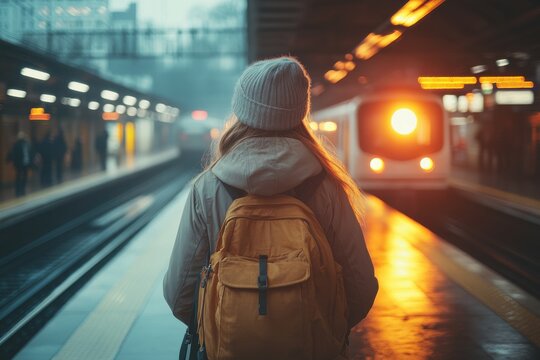 A young woman with a backpack waits on a train platform under cool toned lights, depicting an urban scene filled with anticipation and the rhythm of daily life.