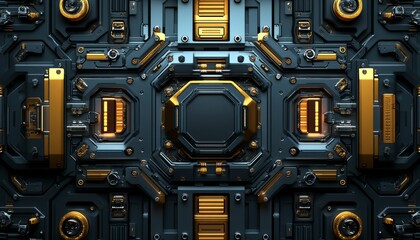 Fototapeta premium Futuristic Abstract Metallic Panel with Geometric Shapes and Glowing Elements