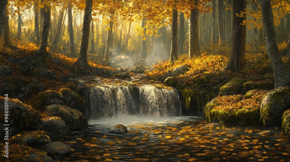 Poster A serene forest showcases a gentle stream cascading over rocks, surrounded by trees adorned with orange and yellow leaves. Soft sunlight filters through the branches, creating a peaceful atmosphere.