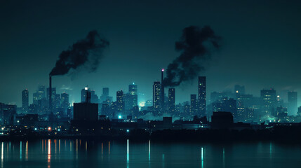 City skyline at night with lights and smoke, showcasing urban pollution and vibrant atmosphere. scene captures contrast between illuminated buildings and dark, smoky sky