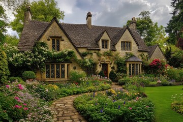 A charming cottage surrounded by a vibrant garden and lush greenery.