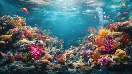 Fototapeta premium Vibrant coral reef teeming with colorful sea creatures, showcasing diverse underwater ecosystem. scene captures beauty and fragility of marine life