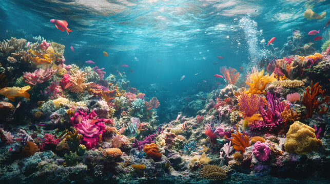 Vibrant coral reef teeming with colorful sea creatures, showcasing diverse underwater ecosystem. scene captures beauty and fragility of marine life