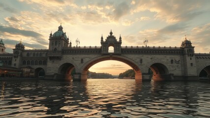 Obraz premium A majestic medieval stone arch bridge stretches across the winding Vltava River, its intricately decorated towers and