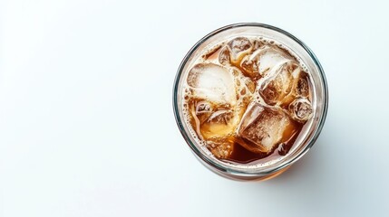 Glass of ice coffee isolated on white background from top view 