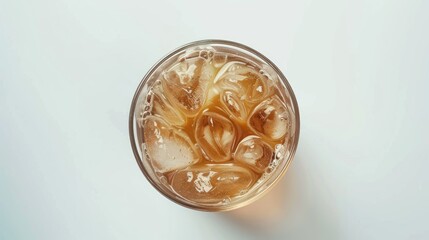 Glass of ice coffee isolated on white background from top view 