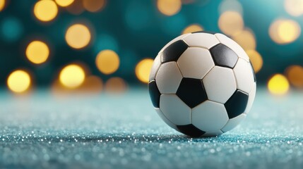 Fototapeta premium A soccer ball sits on a sparkling surface, surrounded by vibrant bokeh lights, creating a festive atmosphere perfect for sports