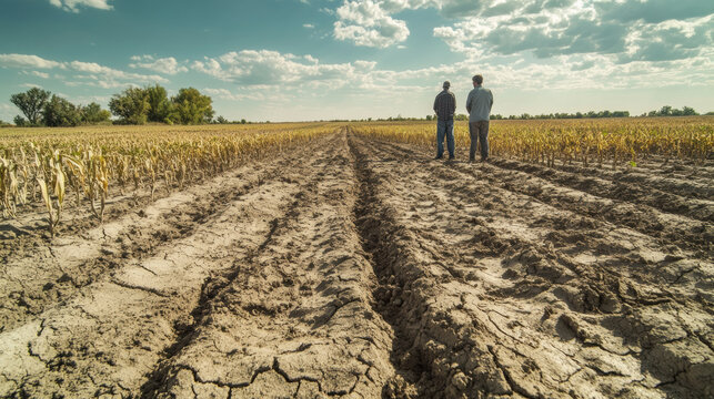 Farmers standing in drought affected field, observing dry, cracked soil and barren crops. scene reflects challenges of agriculture in arid conditions