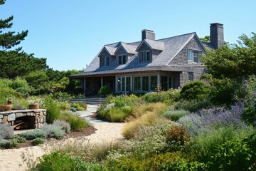 Fototapeta premium A charming house surrounded by a lush garden and pathway under a clear blue sky.