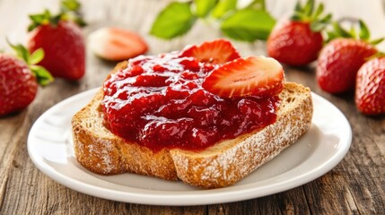 A slice of golden toast is generously spread with sweet strawberry jam and garnished with fresh strawberry slices, creating a delightful treat