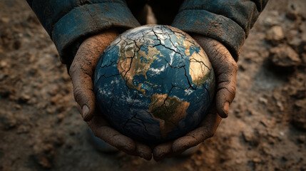 image depicts hands holding cracked Earth, symbolizing environmental concerns and fragility of our planet. earthy tones and texture evoke sense of urgency and care for environment
