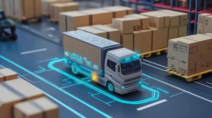 The image depicts a conceptual autonomous truck navigating within a warehouse environment, highlighted by digital tracking paths, representing advanced logistics and smart transportation technology.