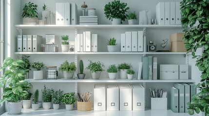 A pristine office space featuring white shelves filled with neatly organized files, greenery, and decor, bathed in natural light from large windows.