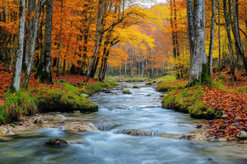 A serene autumn landscape with a stream flowing through a forest, lined with colorful foliage on the banks, capturing the peacefulness and natural beauty of fall