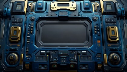 Fototapeta premium Futuristic Tech Panel with Golden Accents and a Large Display