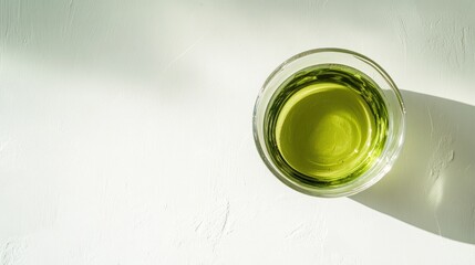 photograph of Top down view of green tea glass on white background. 
