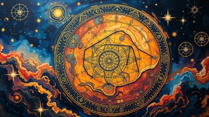 A mystical celestial map with swirling patterns and geometric shapes dominates the composition, conveying a sense of