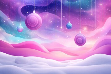 A digital painting of a colorful sky with swirling pink and purple hues, with several large Christmas ornaments floating in the air