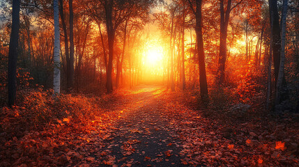 Obraz premium orange fall leaves in park, sunny autumn natural background 