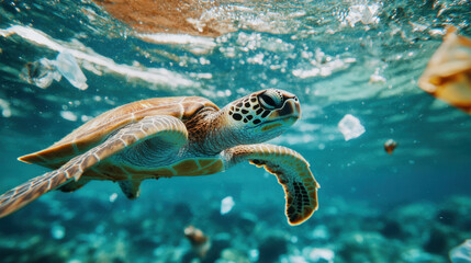 Fototapeta premium A sea turtle gracefully swims through vibrant underwater scene, surrounded by plastic waste, highlighting urgent need for ocean conservation