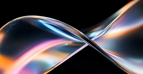 A close-up of the curved edges 3D rendered iridescent colors against a black background. The focus is on the reflective 