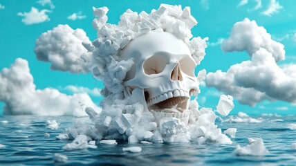 Naklejka premium Plastic bottle morphing into skull, surrounded by swirling plastic waste.