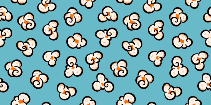 Popcorn pattern for packaging snacks. Popcorn fluffy flakes pattern. Popcorn Background pattern. doodle popcorn. popcorn seamless pattern background.	