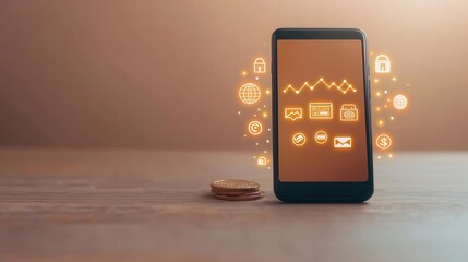 A smartphone displaying real-time balance updates and financial transactions, surrounded by digital banking icons glowing with efficiency