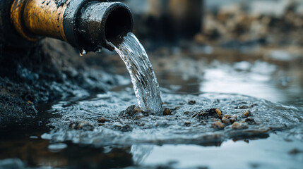 Water flowing from tap creates polluted stream, highlighting environmental concerns. scene captures contrast between clean and contaminated water, evoking sense of urgency