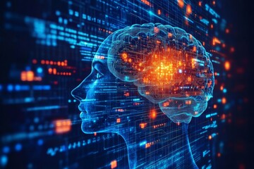 Obraz premium Glowing digital brain surrounded by data streams symbolizing AI driven cognitive systems and neural network technology in a high tech world