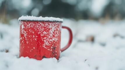Steam rises from a red cup filled with hot cocoa, placed amidst a blanket of fresh, white snow on a chilly winter day