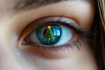 Obraz premium A woman's eye is reflected with a Christmas tree in the center. Merry Christmas concept